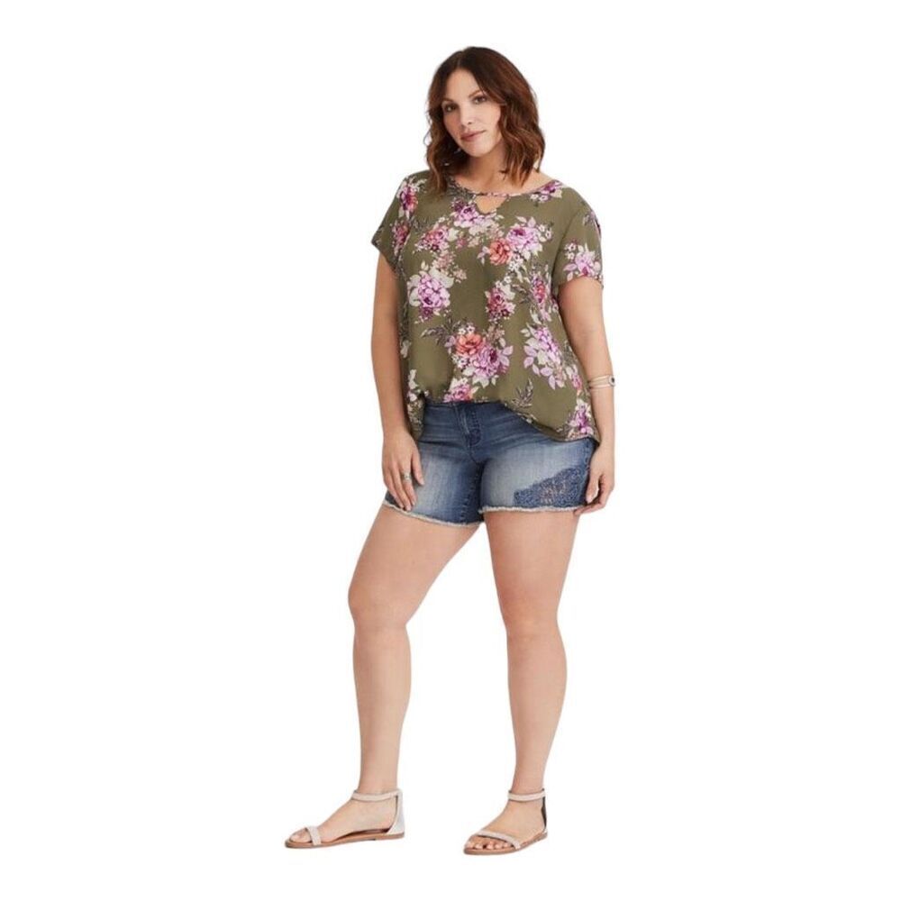 Womens Torrid Georgette Olive Floral Flowy Keyhole Blouse Top - Sz 0